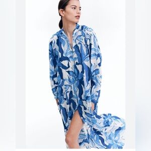 H&M Blue White Floral Midi Dress Airy Cotton Blend Oversized Small